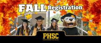 PHSC's Boomer the Bobcat with three PHSC graduates with the text: Fall Registration